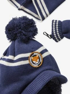 Ensemble Bonnet + Snood + Moufles Bébé Fille Bleu Ardoise Foncé Rayé - Vertbaudet -Vertbaudet Soldes Magasin ensemble bonnet snood moufles bebe fille 1