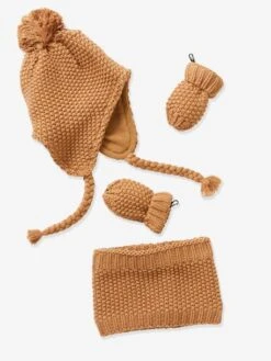 Ensemble Bonnet + Snood + Moufles Bébé Fille Havane - Vertbaudet