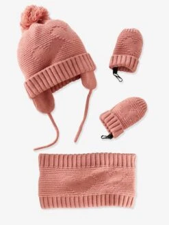 Ensemble Bonnet + Snood + Moufles Bébé Fille Rose - Vertbaudet