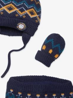 Ensemble Bonnet + Snood + Moufles Bébé Garçon Marine Imprimé - Vertbaudet -Vertbaudet Soldes Magasin ensemble bonnet snood moufles bebe garcon 1
