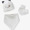 Ensemble Chien Bonnet + Moufles + Foulard Bébé Imprimé Personnalisable Blanc - Vertbaudet