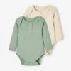 Lot De 2 Bodies Manches Longues Bébé Maille Nid D'abeille Lot Vert Tilleul Foncé - Vertbaudet